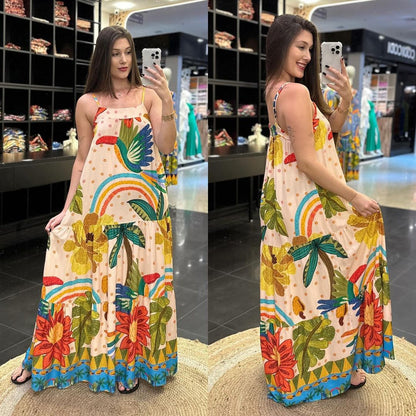 Summer Women Sexy Sleeveless Swing Printed Long Sling Dress
