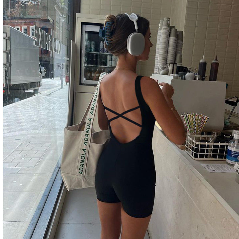 Casual Street Solid Color Square Collar Cross Hollow Out Cutout Backless Lace up Sports Jumpsuit Yoga Fitness One Piece Trousers
