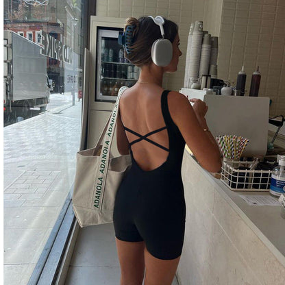 Casual Street Solid Color Square Collar Cross Hollow Out Cutout Backless Lace up Sports Jumpsuit Yoga Fitness One Piece Trousers