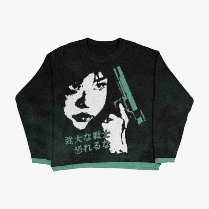 Grunge Butterfly & Skull Printed Crewneck Loose-Fit Knit Sweater