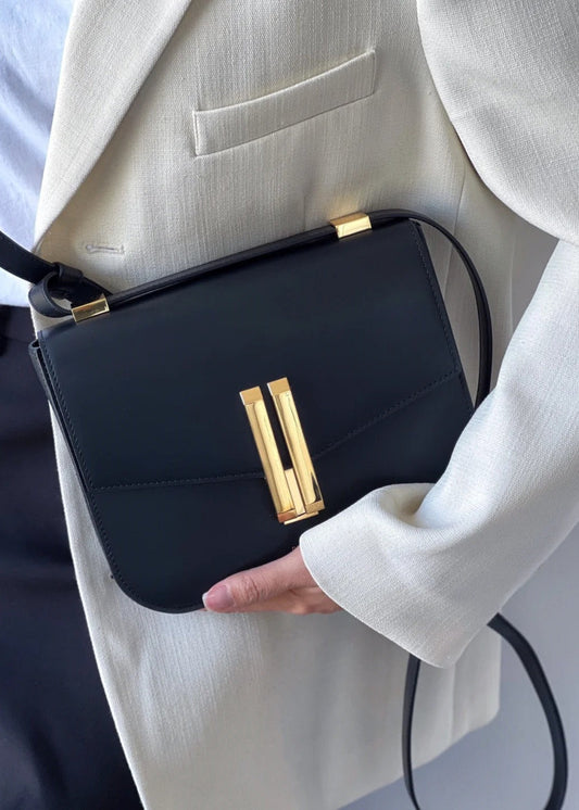 Noir Axis - Structured Black Leather Shoulder Bag