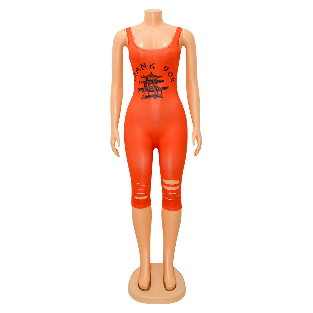 Summer Women Clothing Sports Casual Printed Hollow-out Ripped for Women Romper