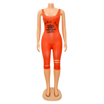 Summer Women Clothing Sports Casual Printed Hollow-out Ripped for Women Romper
