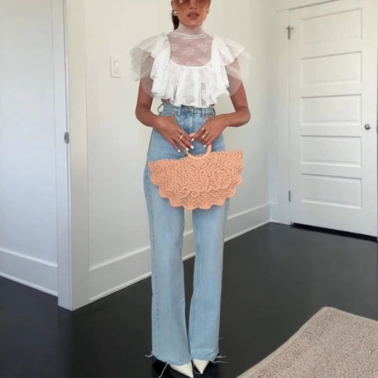Kathlyn Lace Layered Tulle High Neck Ruffle Cropped Top