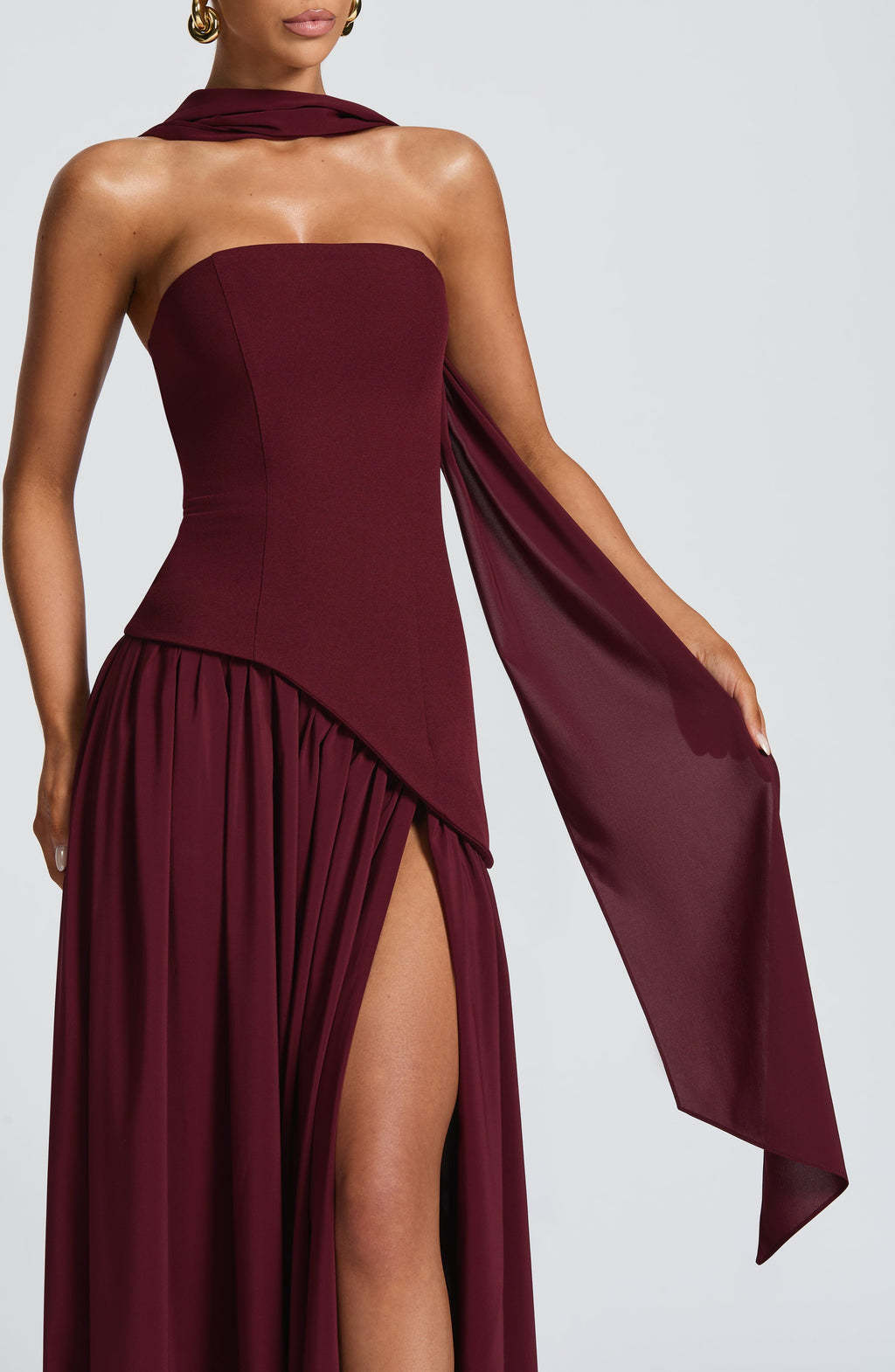  Strapless Back Lace-up High Slit Splice Maxi Dress