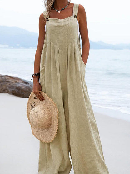 Summer New Women National Fashion Solid Color Buttons Sling Wide Leg Trousers Jumpsuit