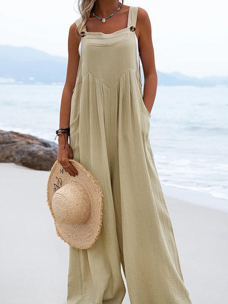 Summer New Women National Fashion Solid Color Buttons Sling Wide Leg Trousers Jumpsuit