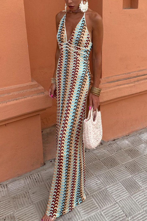 Playful Colorful Knit Holiday Style Halter Neck Maxi Dress