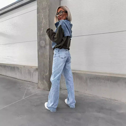 Fall Loose Casual Washing Water Denim Stitching Hooded Women Sweatshirt