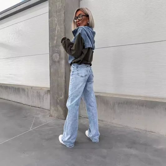 Fall Loose Casual Washing Water Denim Stitching Hooded Women Sweatshirt