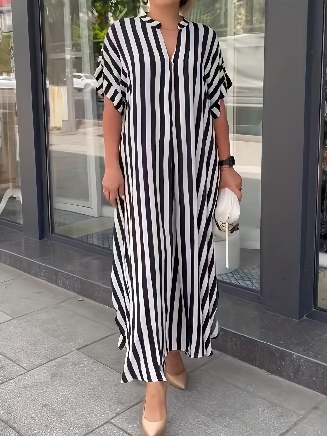 Self Designed Striped Print Spring Summer Women Split Large Swing Maxi Dress