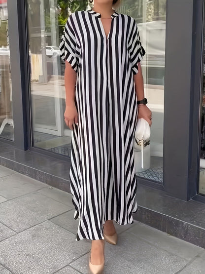 Self Designed Striped Print Spring Summer Women Split Large Swing Maxi Dress