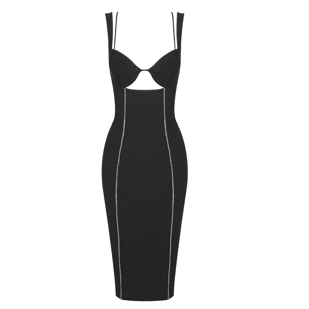 Women Fashionable Tight Stretch Sling Dress Cocktail Dress Winter Black Inner