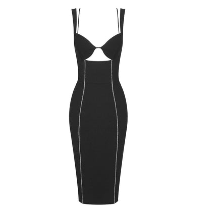 Women Fashionable Tight Stretch Sling Dress Cocktail Dress Winter Black Inner