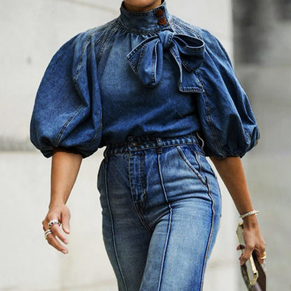 Spring Autumn Gradient Color Light Five Quarter Sleeve Puff Sleeve Pullover Denim Top Casual Cold
