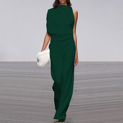 Women Pants Solid Color One Shoulder Pile Collar Jumpsuit Popular Dress Trousers
