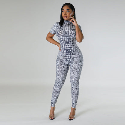 Women Trousers Printed Tight Sexy Women Short Sleeved Jumpsuit