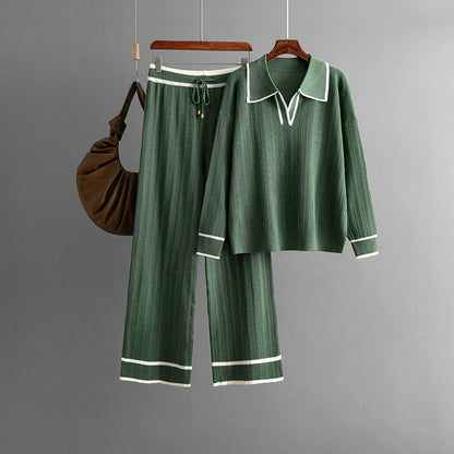 Autumn Winter Polo Collar Contrast Color Casual Set High Waist Slimming Knitted Two Piece Set