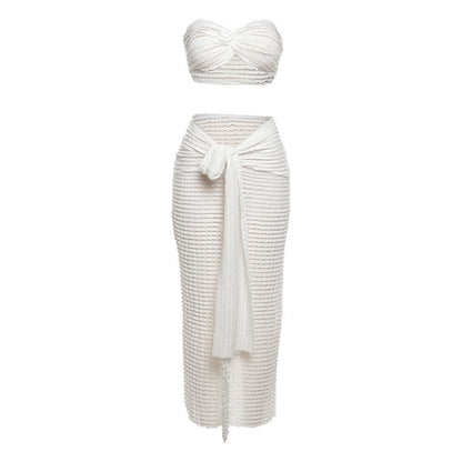 Fall Women Clothing Sexy Lace Tube Top High Waist Slim Fit Tied Long Skirt Set Women
