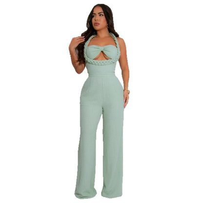 High Waist Design Woven Spaghetti Straps Sleeveless Loose Straight One Piece
