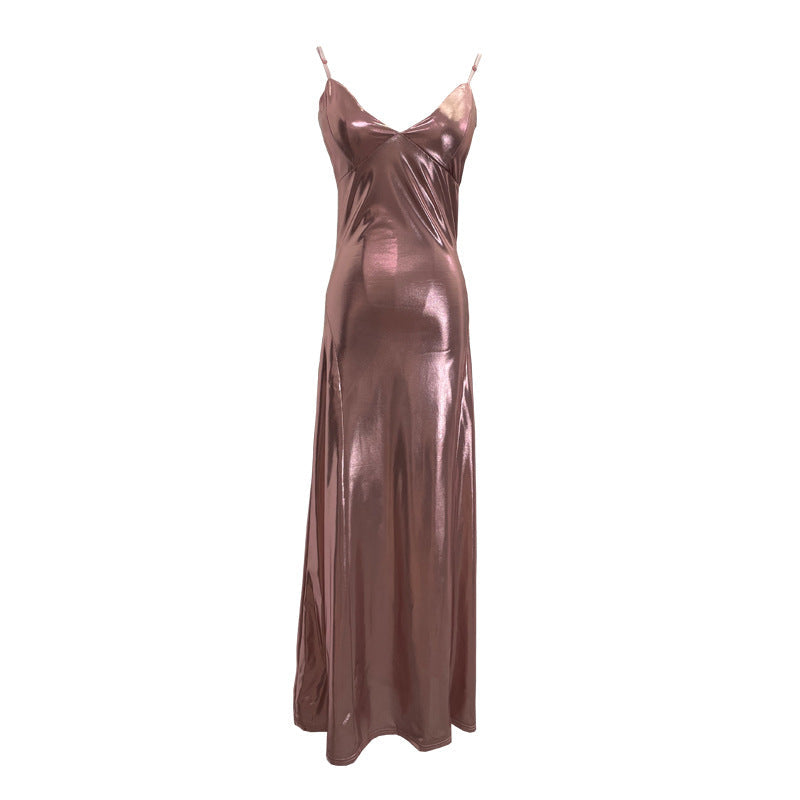 Sexy Liquid Metal Color Sling Dress with Chest Pad Dress