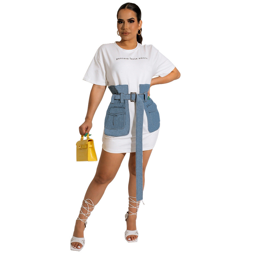 Women Clothing Denim Stitching Dress Summer Sexy Tight Waist Popular Clothes