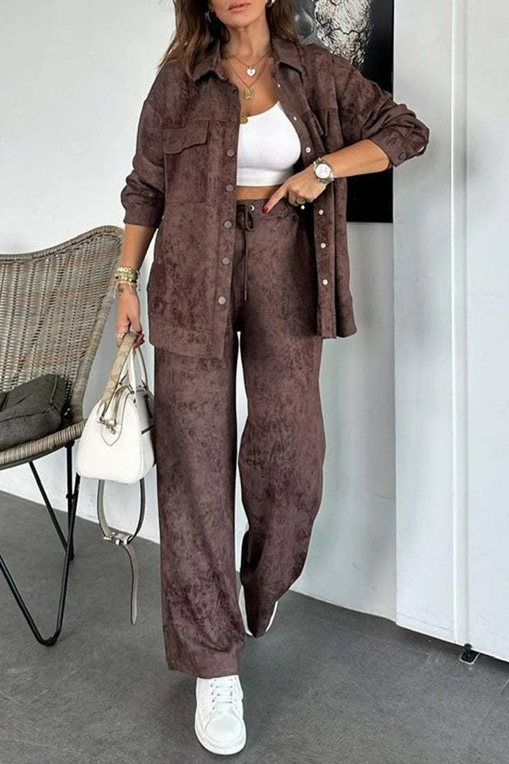 Casual Tie Dye Collared Pocket Shirt Drawstring Wide Leg Pants Set