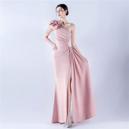 Women Clothing Heavy Industry Beads Handmade Artistic Floral Pleated Craft Satin off the Shoulder High Fork Evening Dress