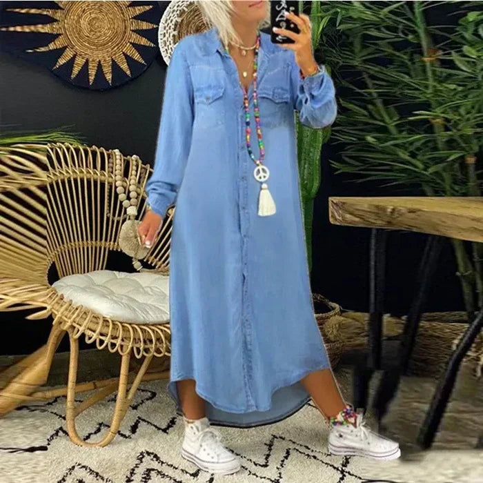 Vestido vaquero informal de verano con cuello y botones para mujer | Ideal para primavera/verano