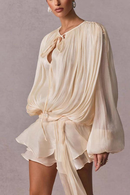 Ninah Glitter Fabric Pleated Balloon Sleeve Tiered Ruffle Hem Mini Dress