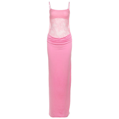 Spring Women Clothing Sexy Lace Stitching See through Backless Sling Dress