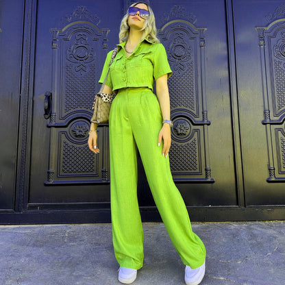 Women Short Summer Clothing Cropped Short Sleeve Top Trousers Two Piece Set