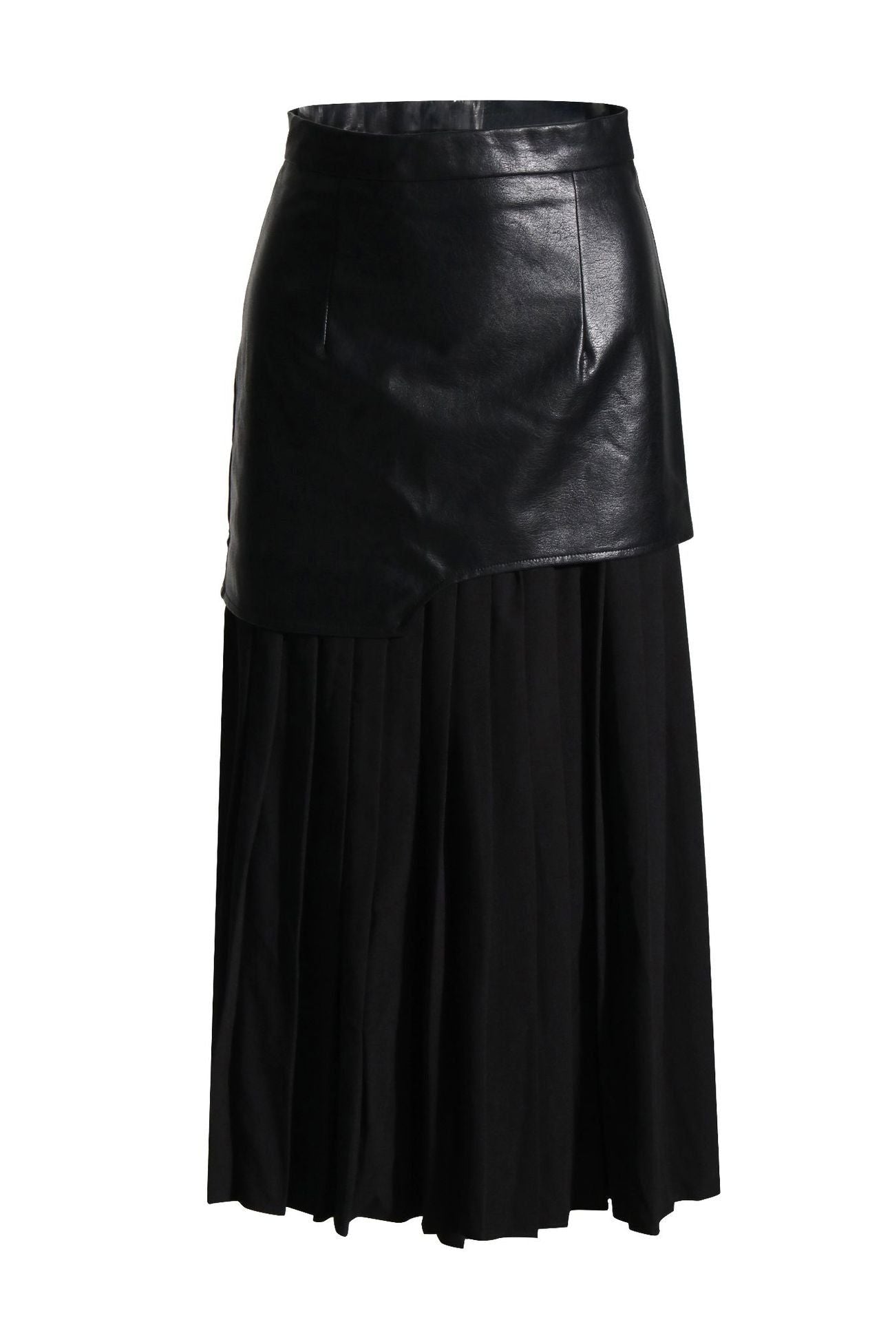 Pu leather stitching pleated skirt