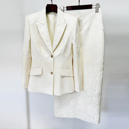 Jacquard Stitching Blazer with Skirt Long Skirt Two Piece Set