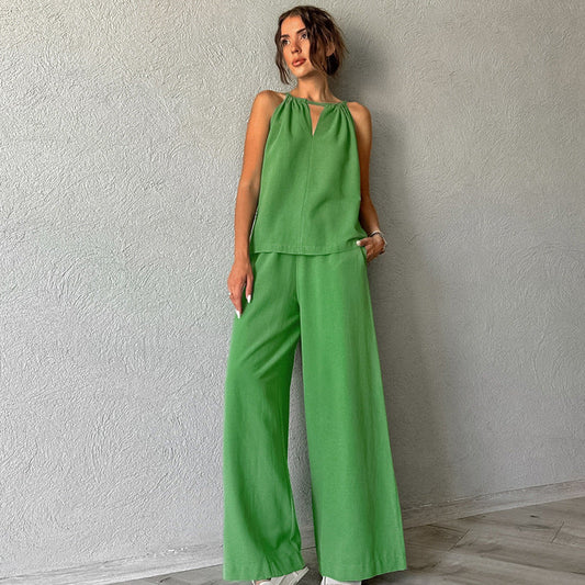 Khaki Cotton Linen Hollow Out Cutout out Tied Sleeveless Halter Vest Wide Leg Pants Set Spring Summer