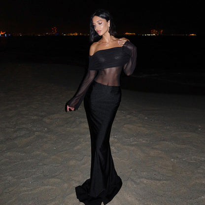 Fall Maxi Dress Elegant Sexy Slim off Shoulder Mesh Dress Women