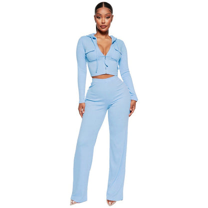 Knitted Hooded Cardigan Casual Loose Trousers Sports Two Piece Set