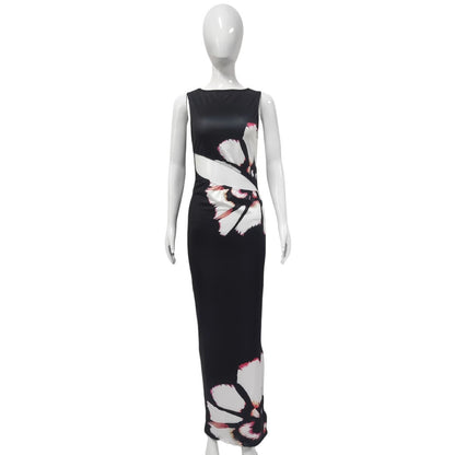 Women Clothing Retro Hollow Out Cutout out Cropped Sexy Slit Dress Summer round Neck Elegant Dress Women