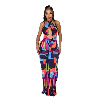Sexy Printed Cross Halterneck Backless Stretch Slim Fit Bodysuit