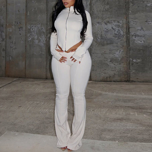 Women Slim Fit Pleated Zipper Solid Color Cropped Blouse Pants Long Sleeve Stand Collar Loose Trousers Two Piece Set