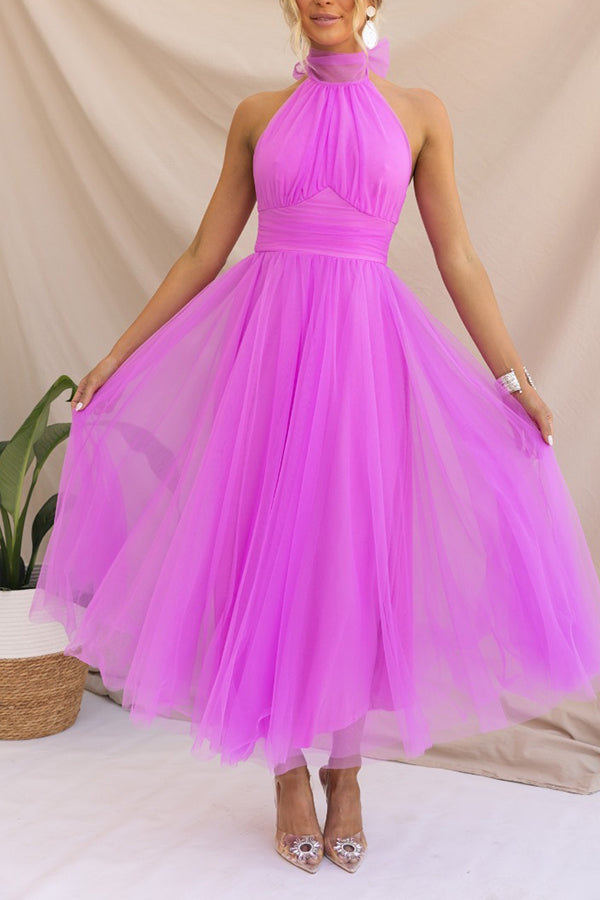 Fairy Vibes Tulle Gathered Detail Halter Maxi Dress