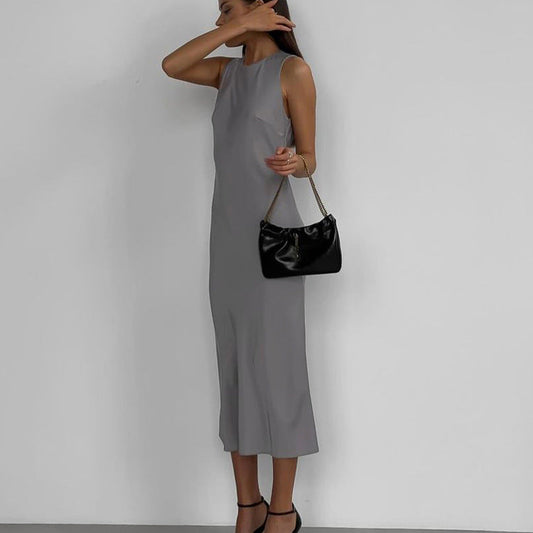 Neck Sleeveless Vest Dress Solid Color Slim Fit Slimming Base Maxi Dress