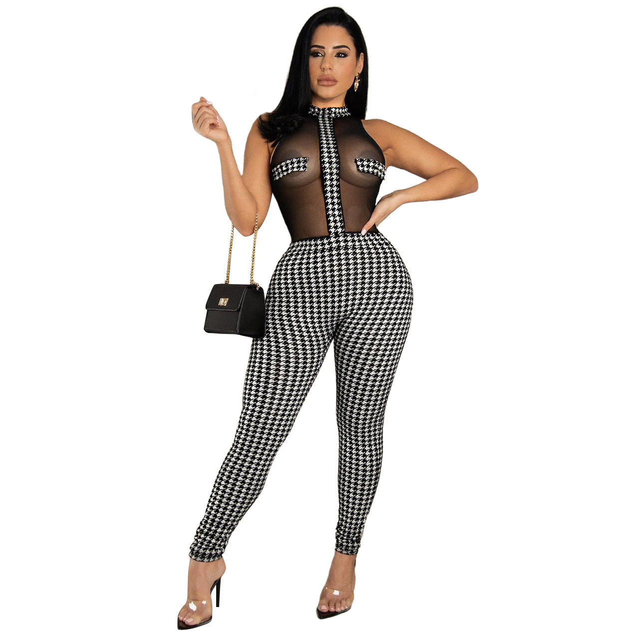 Women Clothing Summer Club Sleeveless Houndstooth Knitting Threads See-through Jumpsuit