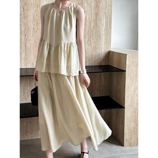 Summer Lightweight Sleeveless Vest Doll Shirt Skirt Two Piece Set Loose Tencel Suit Women