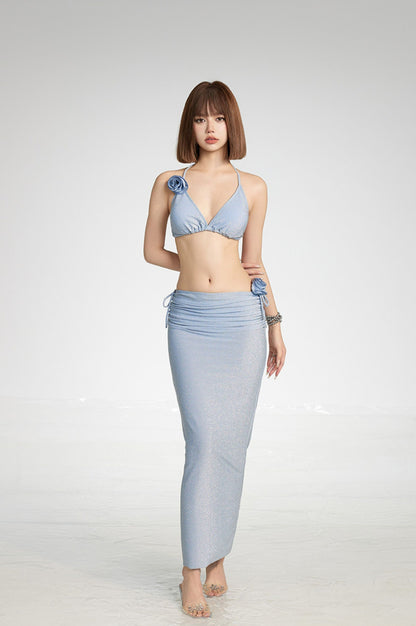 Dusty Blue Floral Accent Bikini with Maxi Sarong Skirt Set