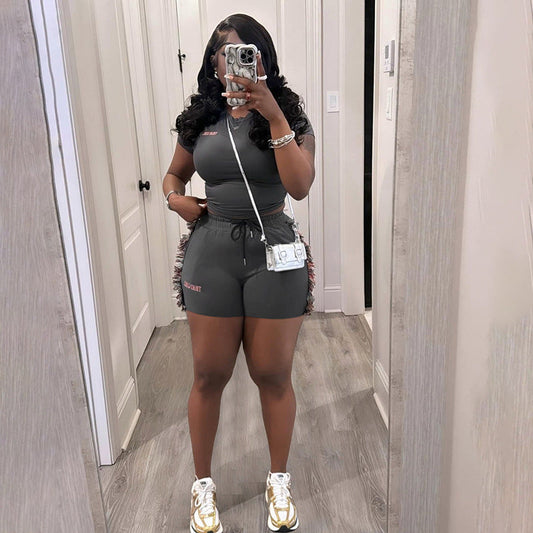 Spring Summer Sexy Slim Fit Short Embroidered Top High Waist Solid Color Shorts Set Women