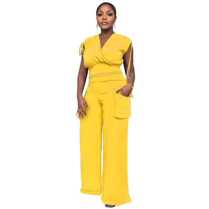 Drawstring Sleeveless Vest High Waist Women Baggy Straight Trousers Two Piece Suit