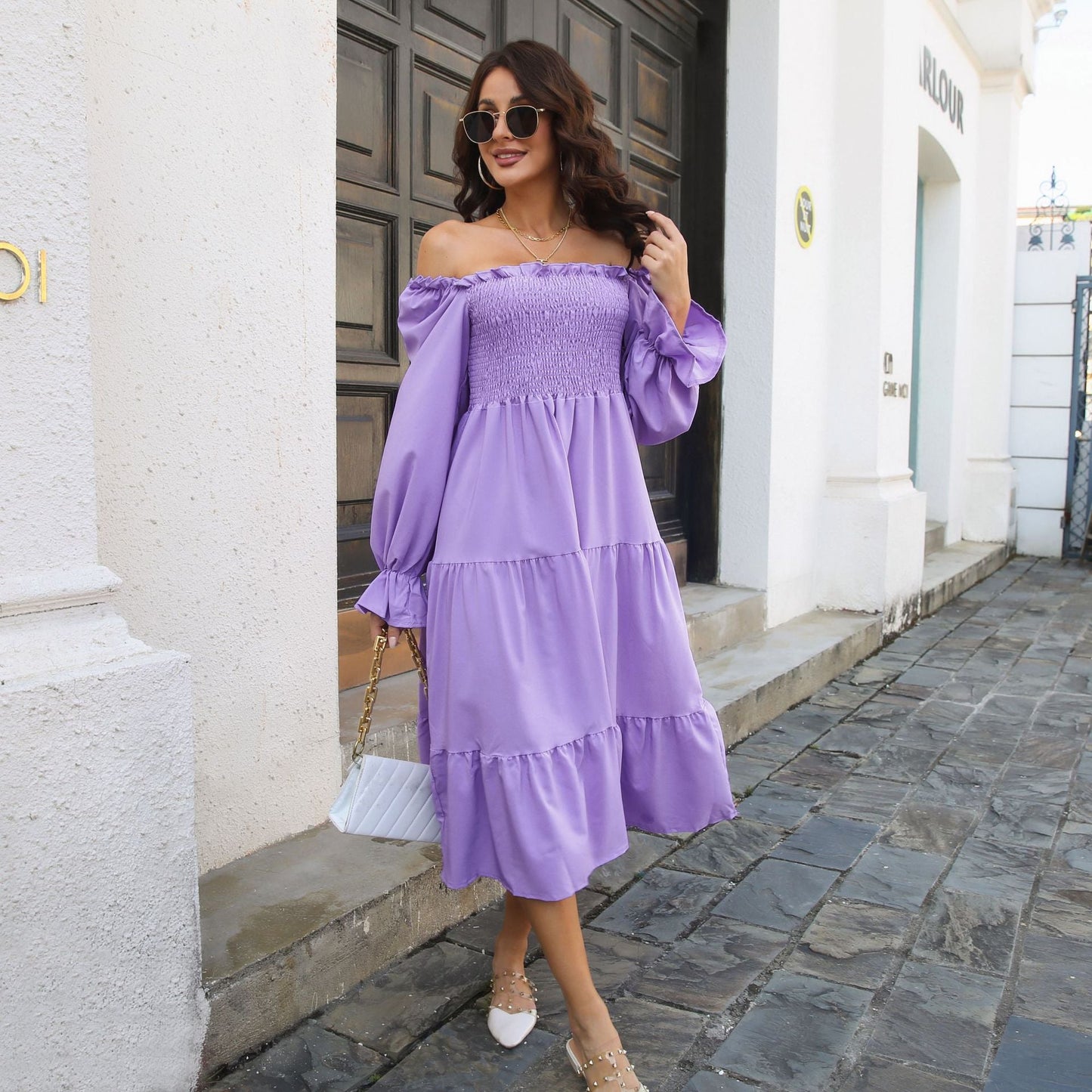 Smocking Dress Ruffled Square Collar Flared Sleeve Layered Large Swing Dress Women Women Clothing