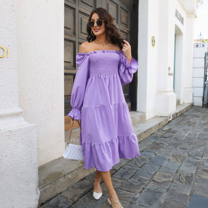 Smocking Dress Ruffled Square Collar Flared Sleeve Layered Large Swing Dress Women Women Clothing