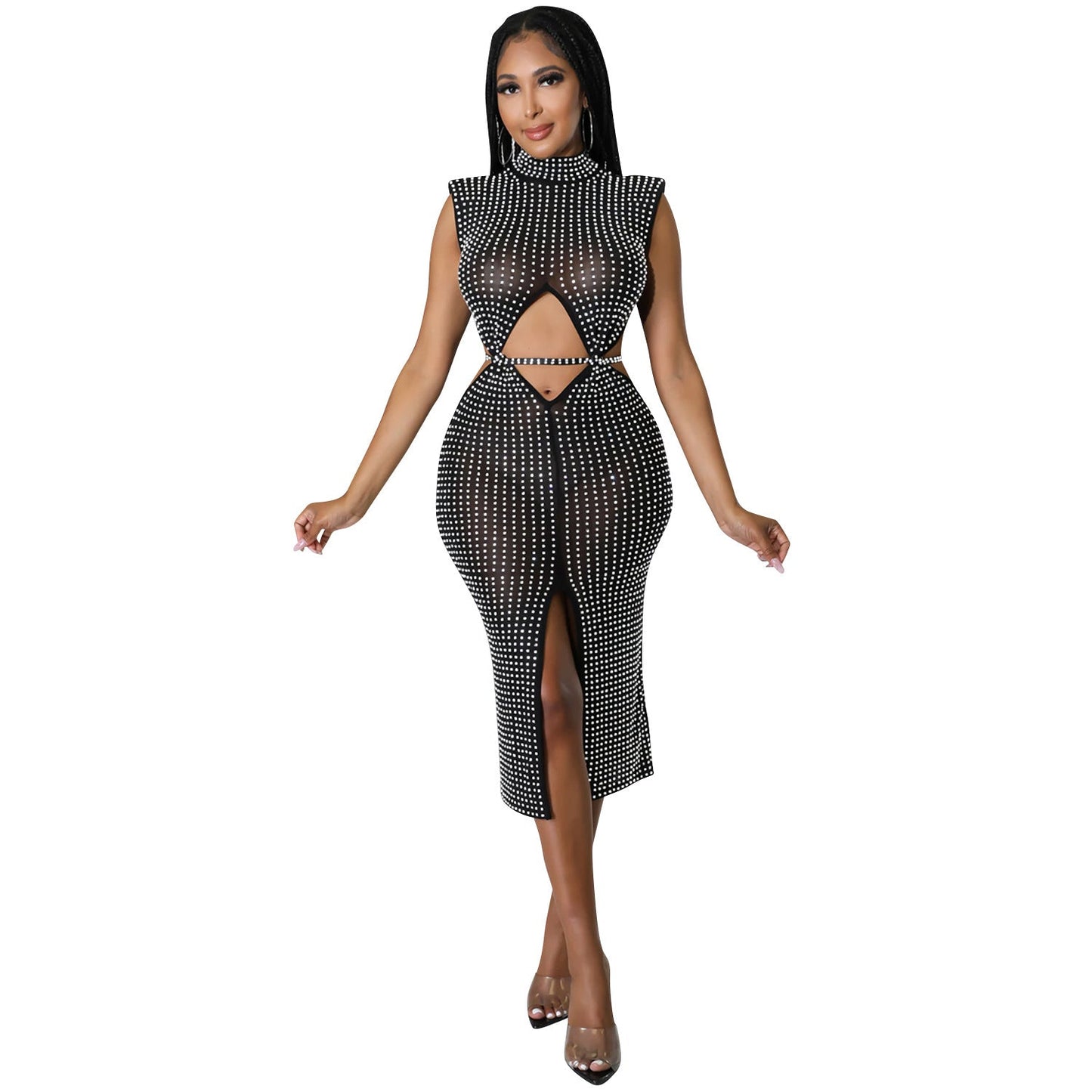 Sexy Mesh See through Rhinestone Hollow Out Cutout Split Dress Women Clothing